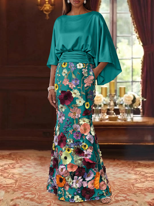 Trumpet/Mermaid Floral Mother Of The Bride Dresses Silk Satin Floor Length 3/4 Sleeves Ruched