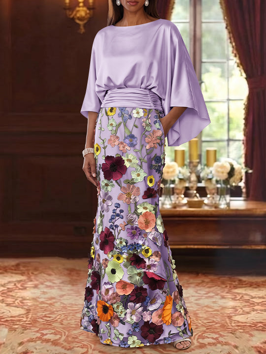 Trumpet/Mermaid Floral Mother Of The Bride Dresses Silk Satin Floor Length 3/4 Sleeves Ruched