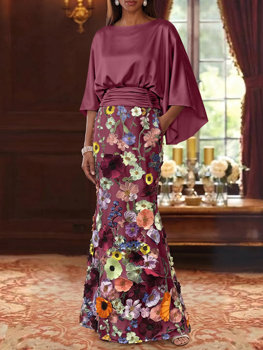 Trumpet/Mermaid Floral Mother Of The Bride Dresses Silk Satin Floor Length 3/4 Sleeves Ruched
