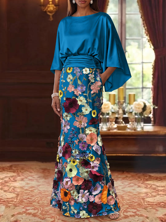 Trumpet/Mermaid Floral Mother Of The Bride Dresses Silk Satin Floor Length 3/4 Sleeves Ruched