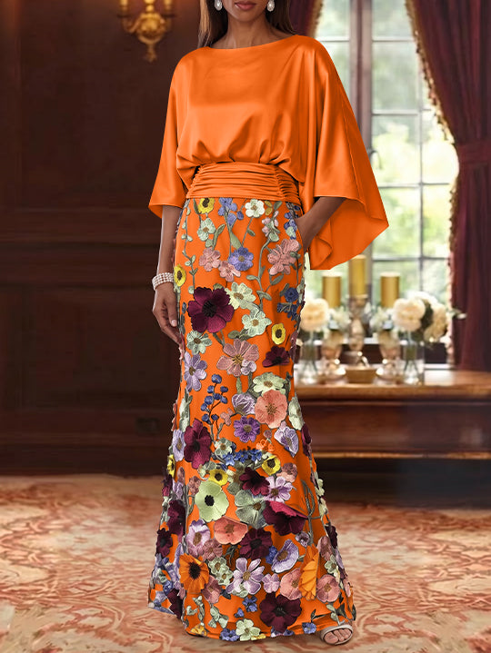 Trumpet/Mermaid Floral Mother Of The Bride Dresses Silk Satin Floor Length 3/4 Sleeves Ruched