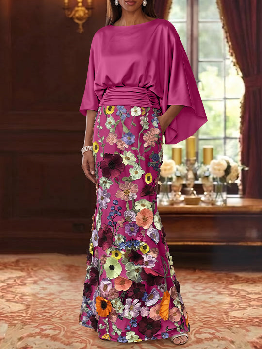 Trumpet/Mermaid Floral Mother Of The Bride Dresses Silk Satin Floor Length 3/4 Sleeves Ruched