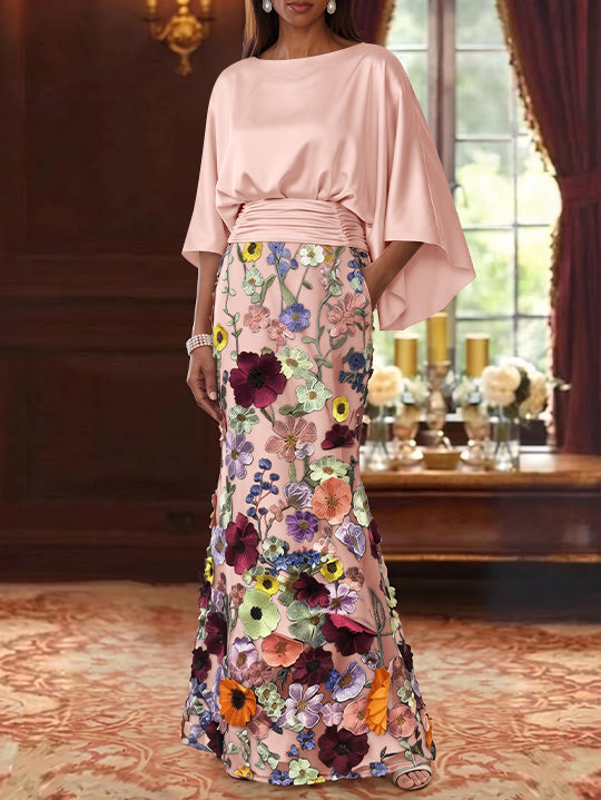 Trumpet/Mermaid Floral Mother Of The Bride Dresses Silk Satin Floor Length 3/4 Sleeves Ruched