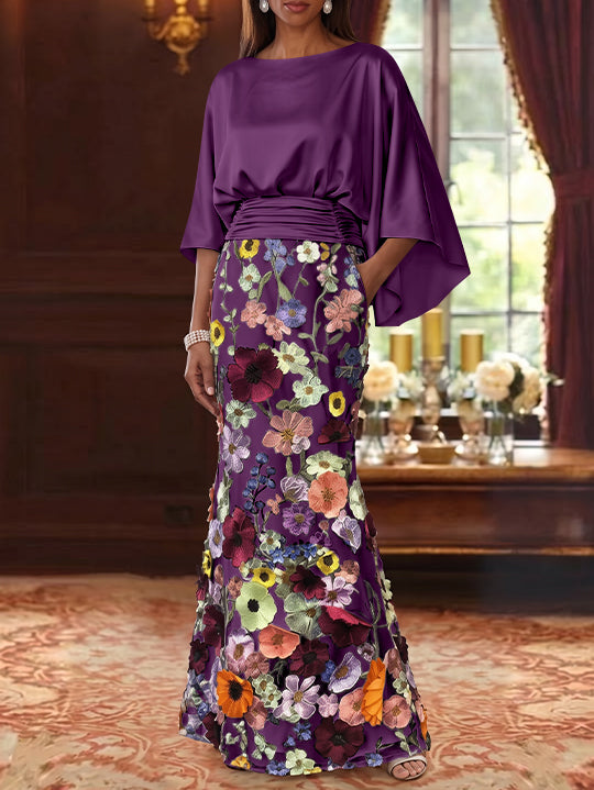 Trumpet/Mermaid Floral Mother Of The Bride Dresses Silk Satin Floor Length 3/4 Sleeves Ruched