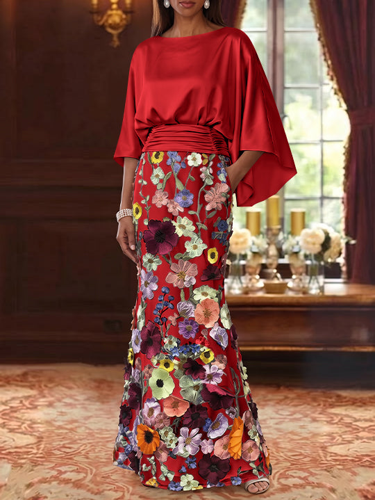 Trumpet/Mermaid Floral Mother Of The Bride Dresses Silk Satin Floor Length 3/4 Sleeves Ruched