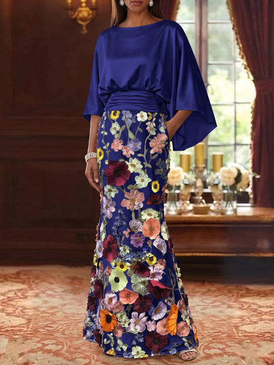 Trumpet/Mermaid Floral Mother Of The Bride Dresses Silk Satin Floor Length 3/4 Sleeves Ruched