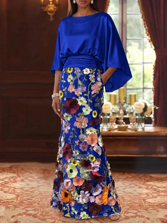 Trumpet/Mermaid Floral Mother Of The Bride Dresses Silk Satin Floor Length 3/4 Sleeves Ruched