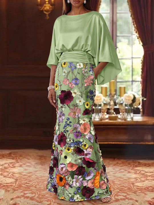 Trumpet/Mermaid Floral Mother Of The Bride Dresses Silk Satin Floor Length 3/4 Sleeves Ruched