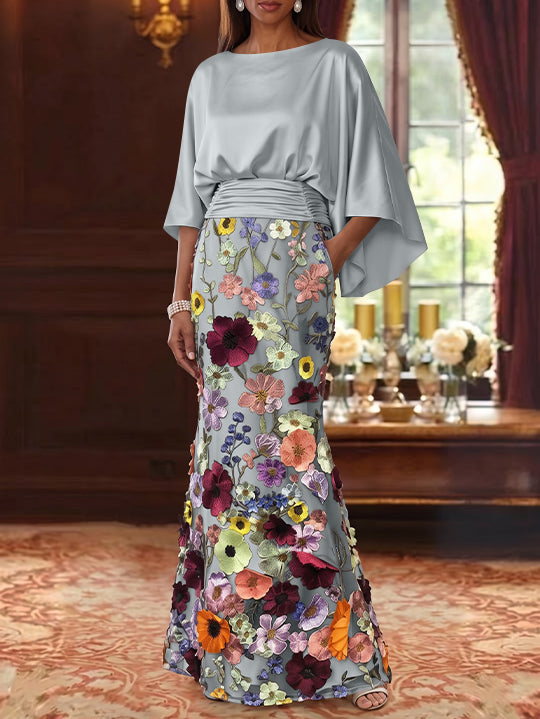 Trumpet/Mermaid Floral Mother Of The Bride Dresses Silk Satin Floor Length 3/4 Sleeves Ruched