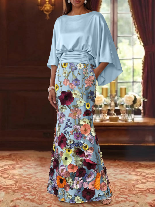 Trumpet/Mermaid Floral Mother Of The Bride Dresses Silk Satin Floor Length 3/4 Sleeves Ruched