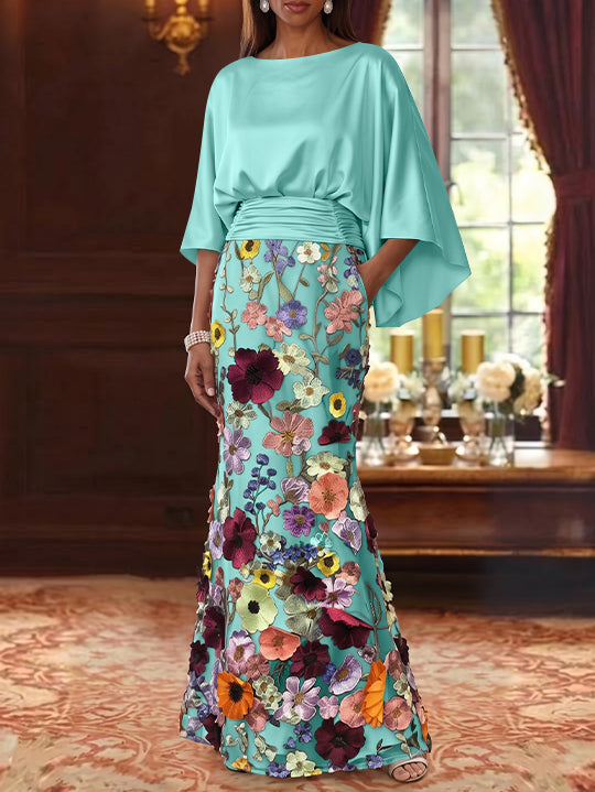 Trumpet/Mermaid Floral Mother Of The Bride Dresses Silk Satin Floor Length 3/4 Sleeves Ruched