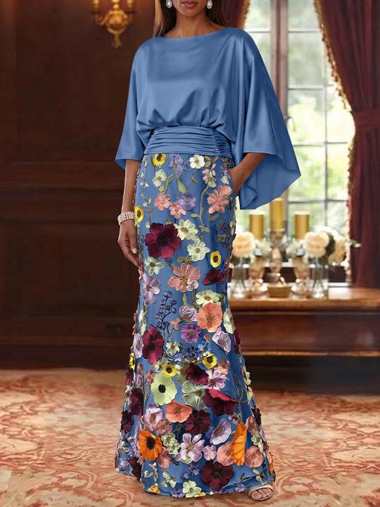 Trumpet/Mermaid Floral Mother Of The Bride Dresses Silk Satin Floor Length 3/4 Sleeves Ruched