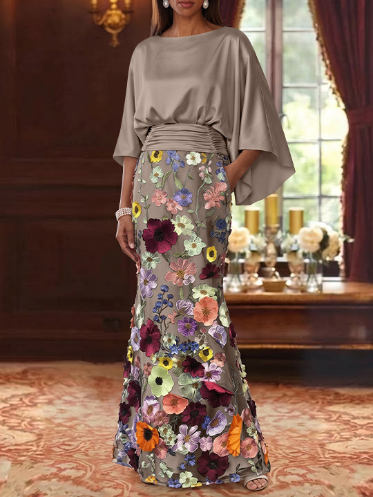 Trumpet/Mermaid Floral Mother Of The Bride Dresses Silk Satin Floor Length 3/4 Sleeves Ruched