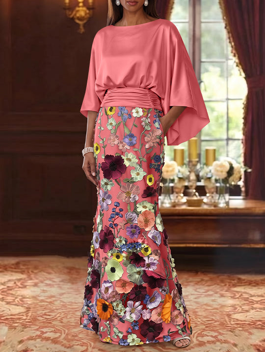Trumpet/Mermaid Floral Mother Of The Bride Dresses Silk Satin Floor Length 3/4 Sleeves Ruched