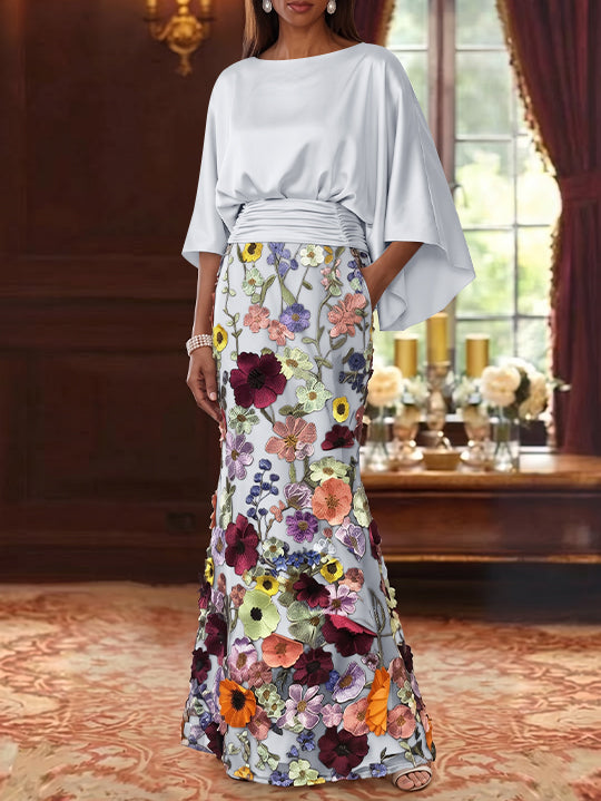 Trumpet/Mermaid Floral Mother Of The Bride Dresses Silk Satin Floor Length 3/4 Sleeves Ruched