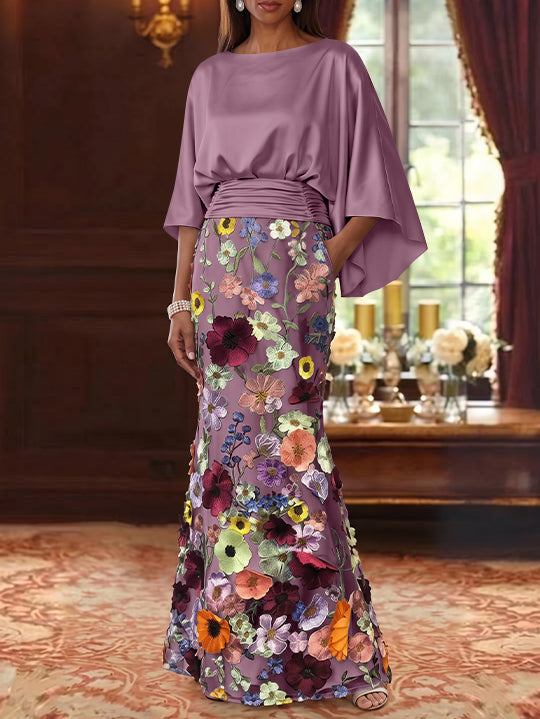 Trumpet/Mermaid Floral Mother Of The Bride Dresses Silk Satin Floor Length 3/4 Sleeves Ruched