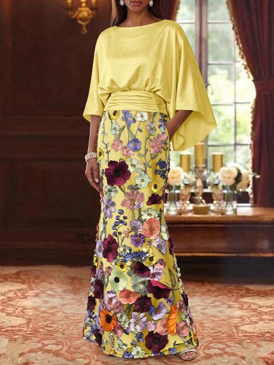 Trumpet/Mermaid Floral Mother Of The Bride Dresses Silk Satin Floor Length 3/4 Sleeves Ruched
