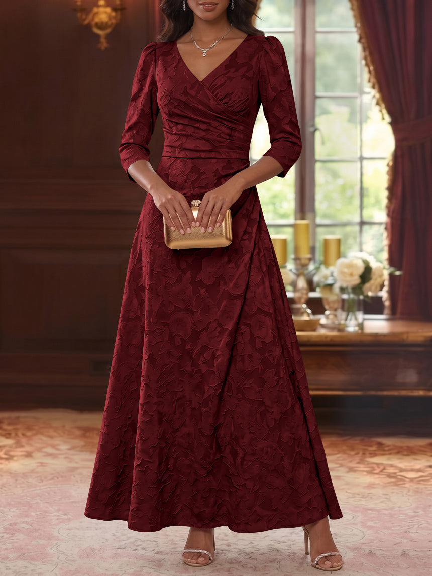 A-Line/Princess V-Neck Chiffon Floral Mother of the Bride Dresses Ankle-Length 3/4 Sleeves Ruched