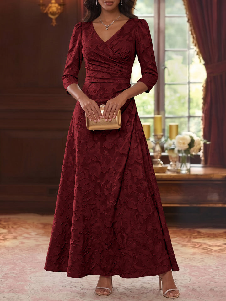 A-Line/Princess V-Neck Chiffon Floral Mother of the Bride Dresses Ankle-Length 3/4 Sleeves Ruched