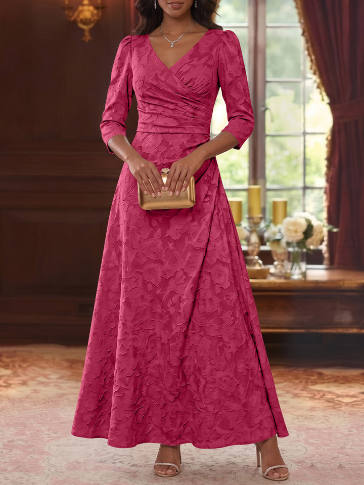 A-Line/Princess V-Neck Chiffon Floral Mother of the Bride Dresses Ankle-Length 3/4 Sleeves Ruched