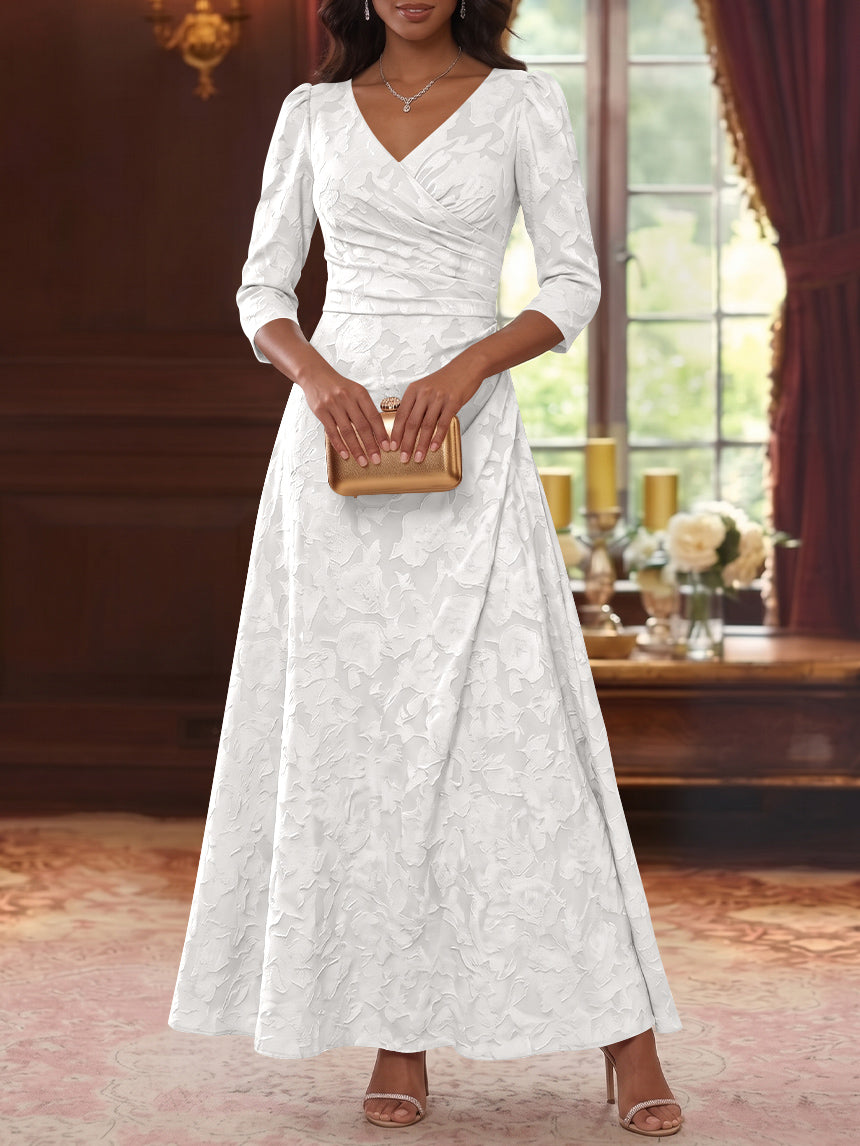 A-Line/Princess V-Neck Chiffon Floral Mother of the Bride Dresses Ankle-Length 3/4 Sleeves Ruched