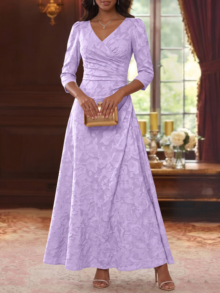 A-Line/Princess V-Neck Chiffon Floral Mother of the Bride Dresses Ankle-Length 3/4 Sleeves Ruched