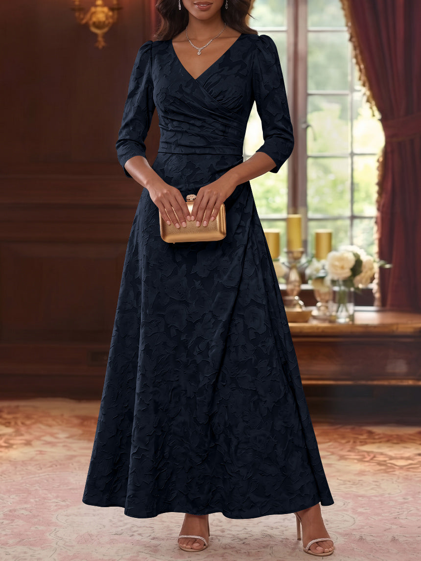 A-Line/Princess V-Neck Chiffon Floral Mother of the Bride Dresses Ankle-Length 3/4 Sleeves Ruched