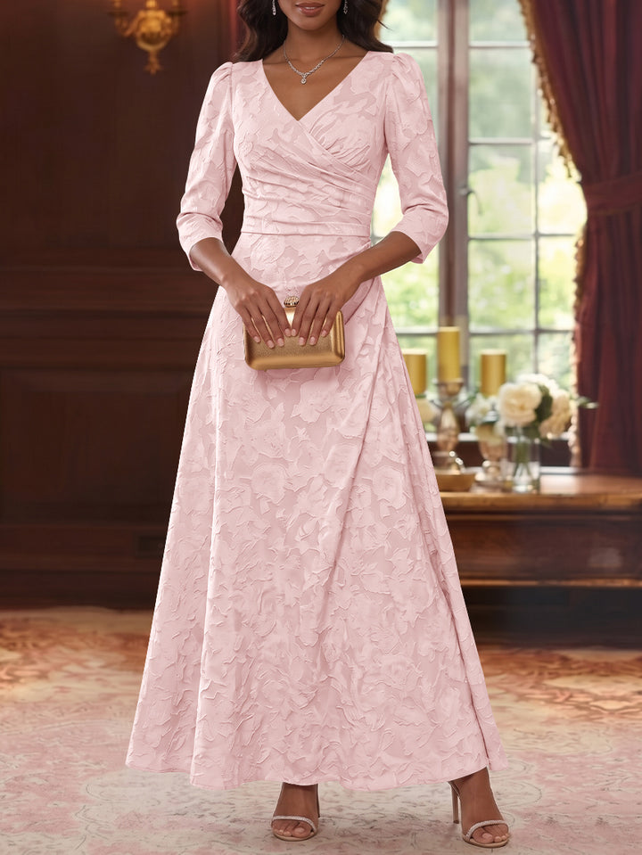 A-Line/Princess V-Neck Chiffon Floral Mother of the Bride Dresses Ankle-Length 3/4 Sleeves Ruched