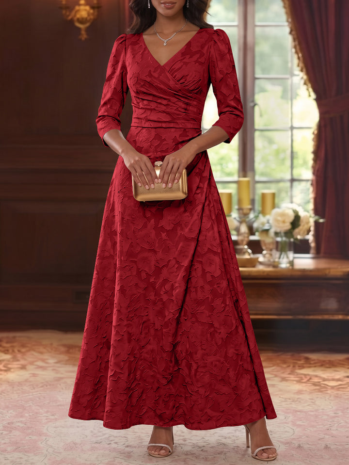 A-Line/Princess V-Neck Chiffon Floral Mother of the Bride Dresses Ankle-Length 3/4 Sleeves Ruched