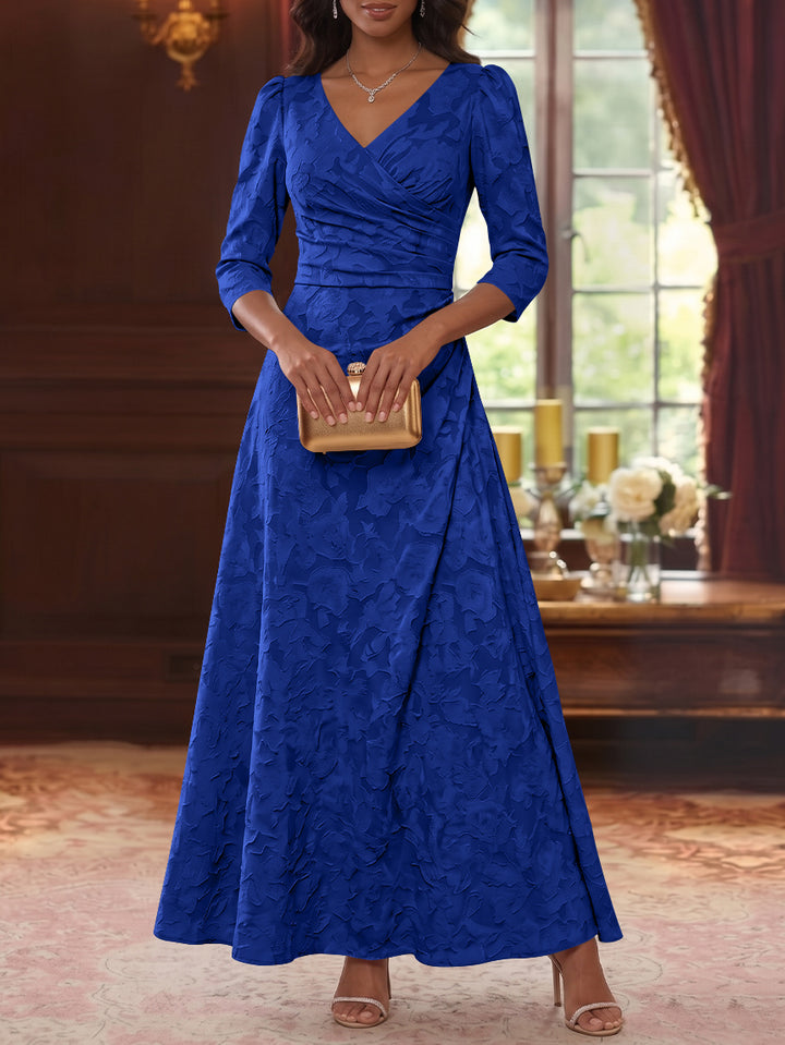 A-Line/Princess V-Neck Chiffon Floral Mother of the Bride Dresses Ankle-Length 3/4 Sleeves Ruched