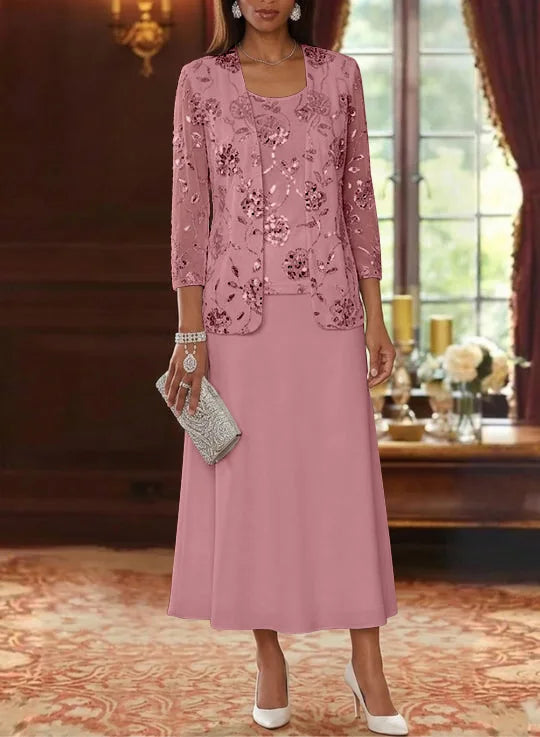A-Line/Princess Scoop Chiffon Mother of the Bride Dresses with Jacket Sequins Tea-Length 3/4 Sleeves Floral