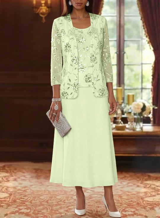 A-Line/Princess Scoop Chiffon Mother of the Bride Dresses with Jacket Sequins Tea-Length 3/4 Sleeves Floral
