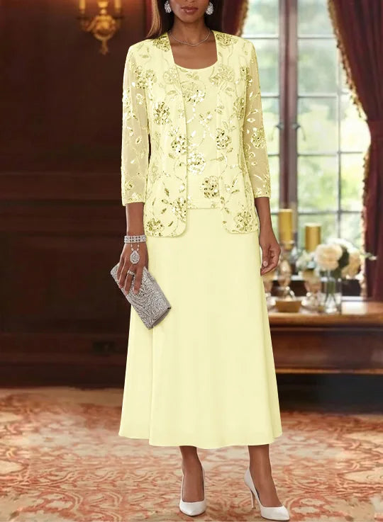 A-Line/Princess Scoop Chiffon Mother of the Bride Dresses with Jacket Sequins Tea-Length 3/4 Sleeves Floral