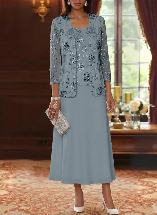 A-Line/Princess Scoop Chiffon Mother of the Bride Dresses with Jacket Sequins Tea-Length 3/4 Sleeves Floral
