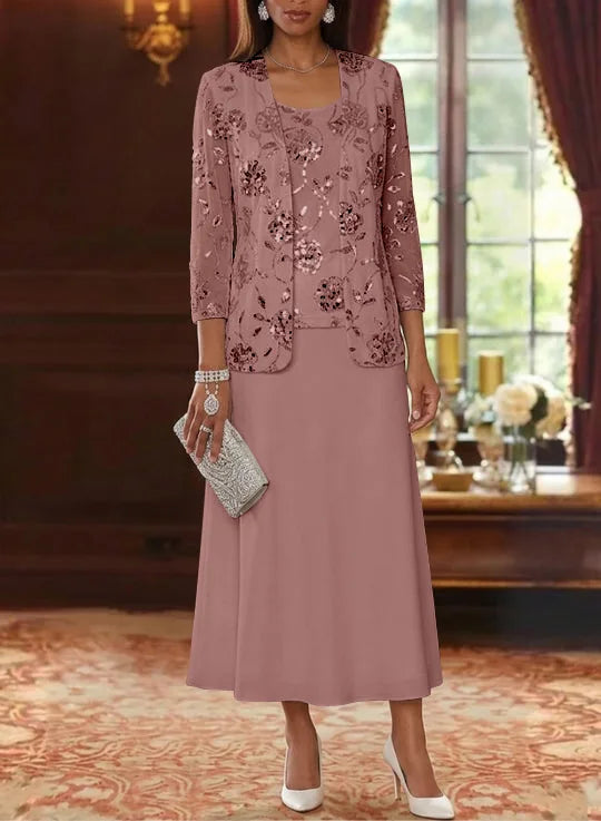 A-Line/Princess Scoop Chiffon Mother of the Bride Dresses with Jacket Sequins Tea-Length 3/4 Sleeves Floral