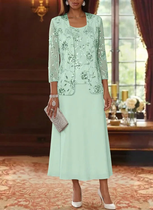 A-Line/Princess Scoop Chiffon Mother of the Bride Dresses with Jacket Sequins Tea-Length 3/4 Sleeves Floral Mist Blue