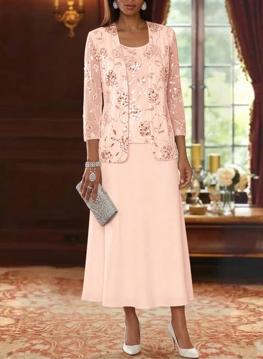A-Line/Princess Scoop Chiffon Mother of the Bride Dresses with Jacket Sequins Tea-Length 3/4 Sleeves Floral