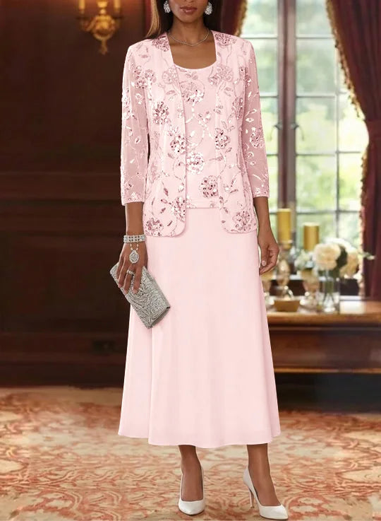 A-Line/Princess Scoop Chiffon Mother of the Bride Dresses with Jacket Sequins Tea-Length 3/4 Sleeves Floral