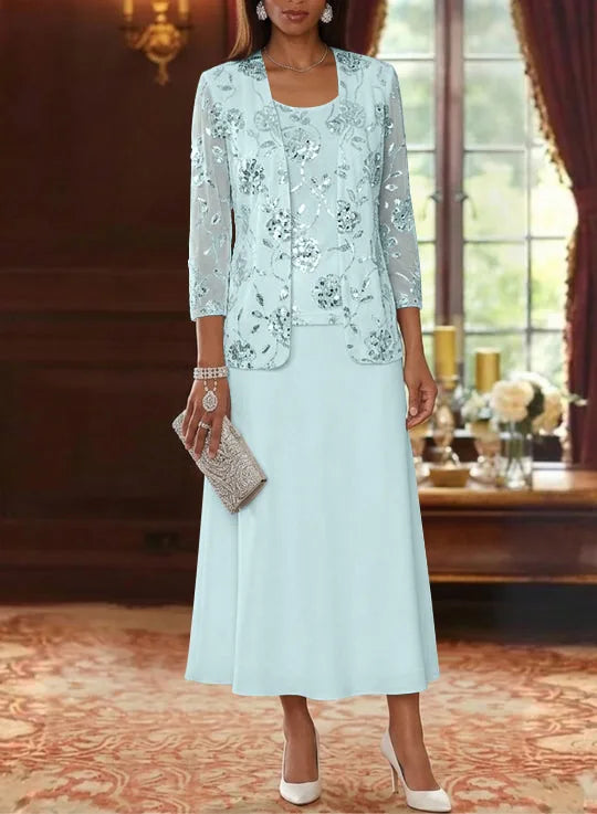 A-Line/Princess Scoop Chiffon Mother of the Bride Dresses with Jacket Sequins Tea-Length 3/4 Sleeves Floral