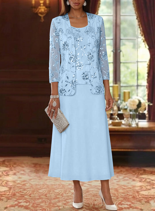 A-Line/Princess Scoop Chiffon Mother of the Bride Dresses with Jacket Sequins Tea-Length 3/4 Sleeves Floral
