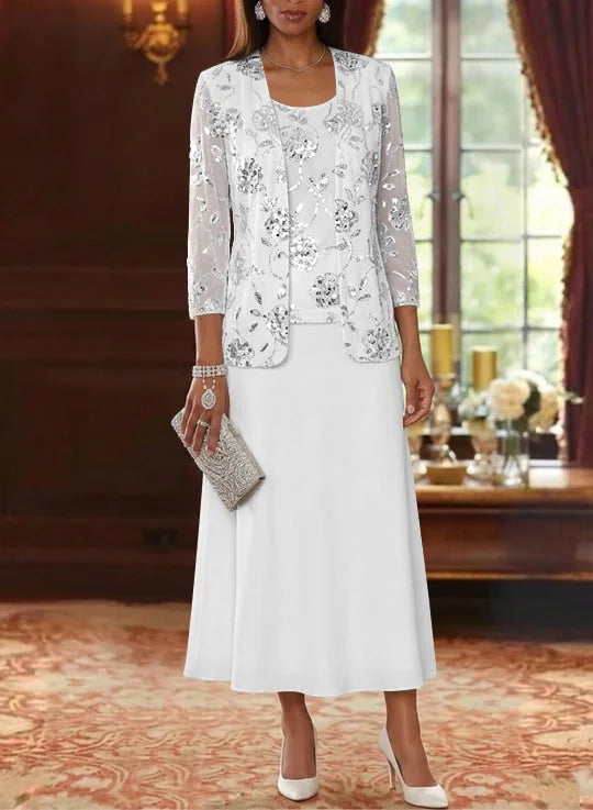 A-Line/Princess Scoop Chiffon Mother of the Bride Dresses with Jacket Sequins Tea-Length 3/4 Sleeves Floral Petal