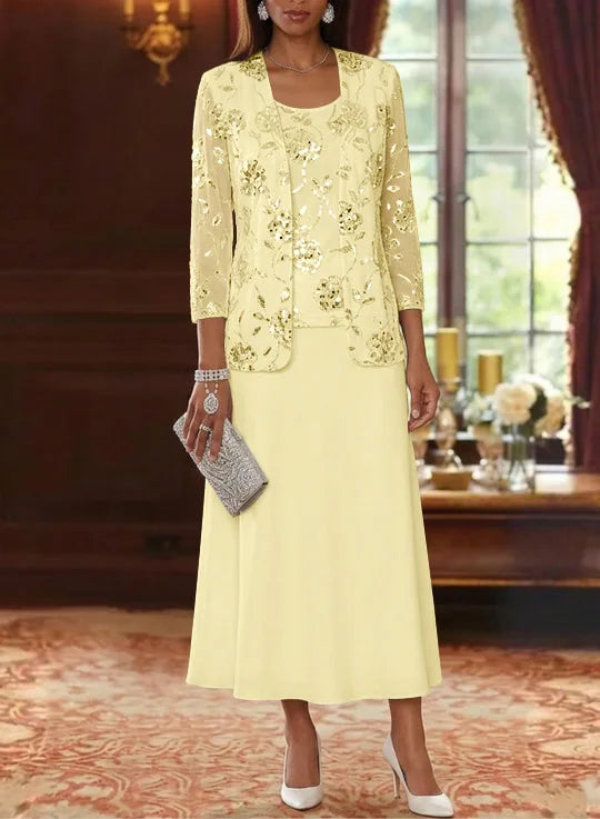 A-Line/Princess Scoop Chiffon Mother of the Bride Dresses with Jacket Sequins Tea-Length 3/4 Sleeves Floral
