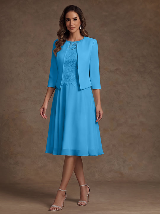 A-Line/Princess Scoop Chiffon Mother of the Bride Dresses with Jacket Lace Floral Tea-Length 3/4 Sleeves