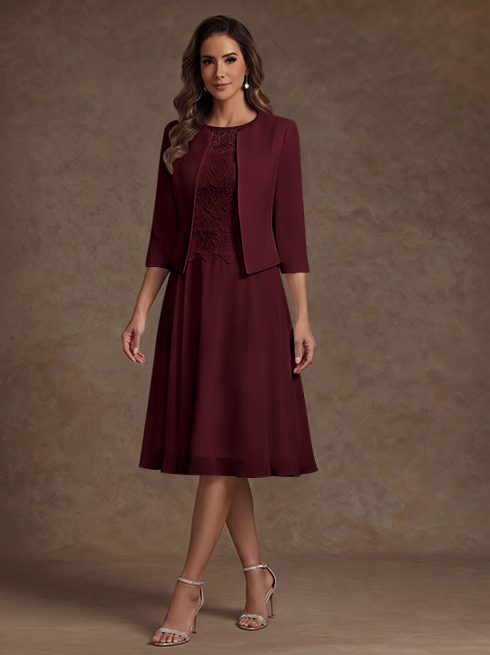 A-Line/Princess Scoop Chiffon Mother of the Bride Dresses with Jacket Lace Floral Tea-Length 3/4 Sleeves