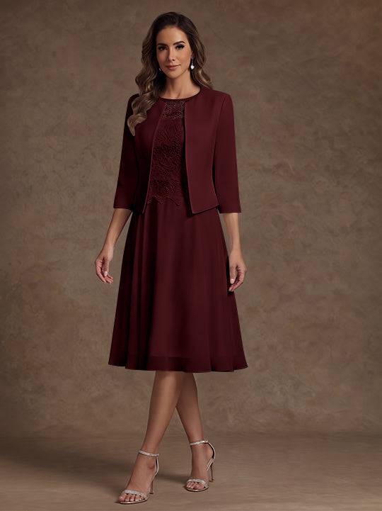 A-Line/Princess Scoop Chiffon Mother of the Bride Dresses with Jacket Lace Floral Tea-Length 3/4 Sleeves