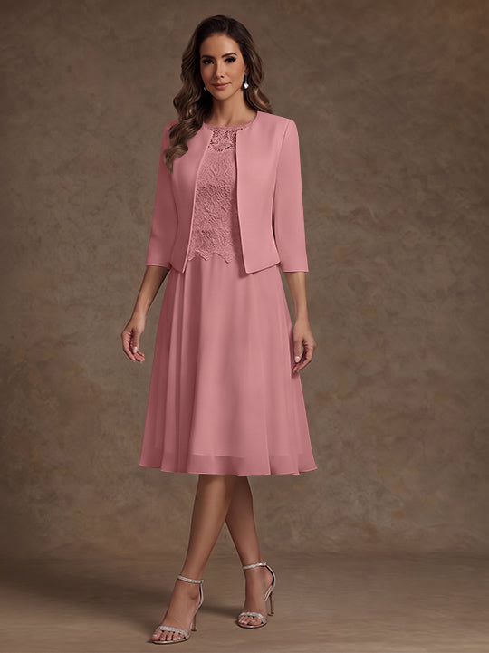 A-Line/Princess Scoop Chiffon Mother of the Bride Dresses with Jacket Lace Floral Tea-Length 3/4 Sleeves