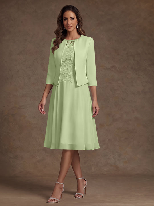 A-Line/Princess Scoop Chiffon Mother of the Bride Dresses with Jacket Lace Floral Tea-Length 3/4 Sleeves