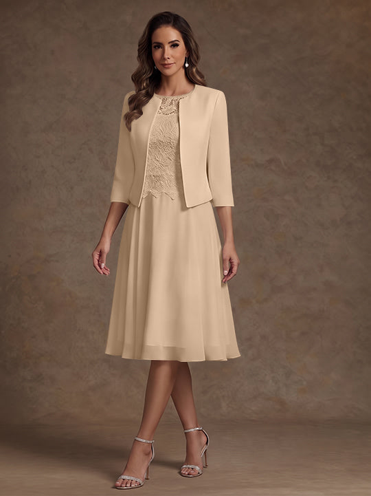 A-Line/Princess Scoop Chiffon Mother of the Bride Dresses with Jacket Lace Floral Tea-Length 3/4 Sleeves