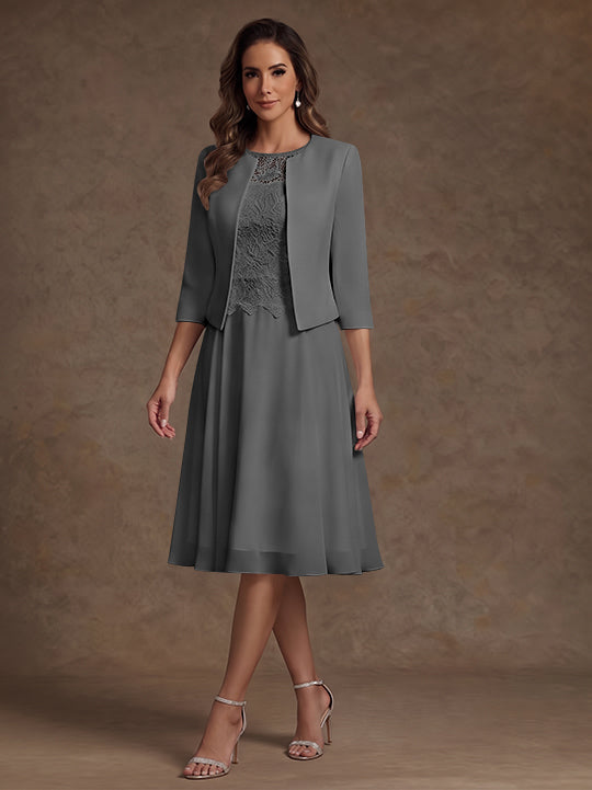 A-Line/Princess Scoop Chiffon Mother of the Bride Dresses with Jacket Lace Floral Tea-Length 3/4 Sleeves