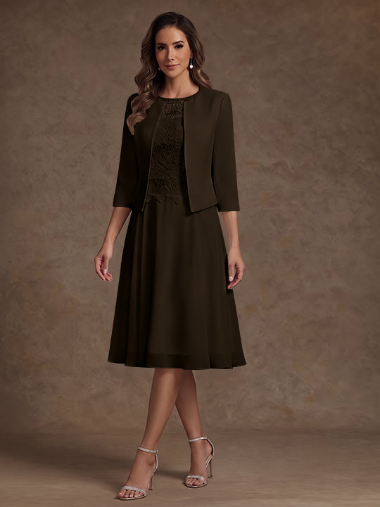 A-Line/Princess Scoop Chiffon Mother of the Bride Dresses with Jacket Lace Floral Tea-Length 3/4 Sleeves